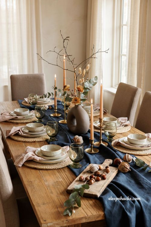 Fall table decor ideas with modern green navy and blush autumn styling