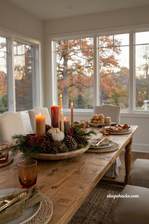 Fall table decor ideas with pine cones candles and rustic centerpiece