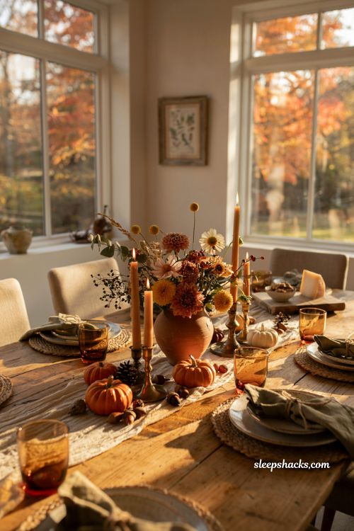 Fall table decor ideas with seasonal floral centerpiece and rustic autumn styling