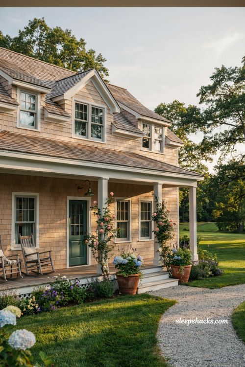 Farmhouse exterior color ideas with a soft country palette of beige dove gray and a forest green front door