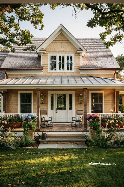 Farmhouse exterior ideas with a textured driftwood shingle roof beige siding and a welcoming wraparound porch