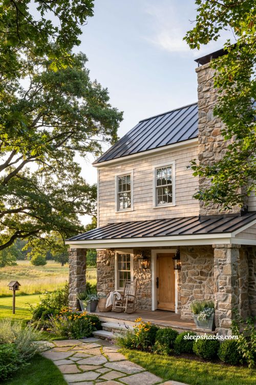 Farmhouse exterior ideas with dormer windows and cozy roof design