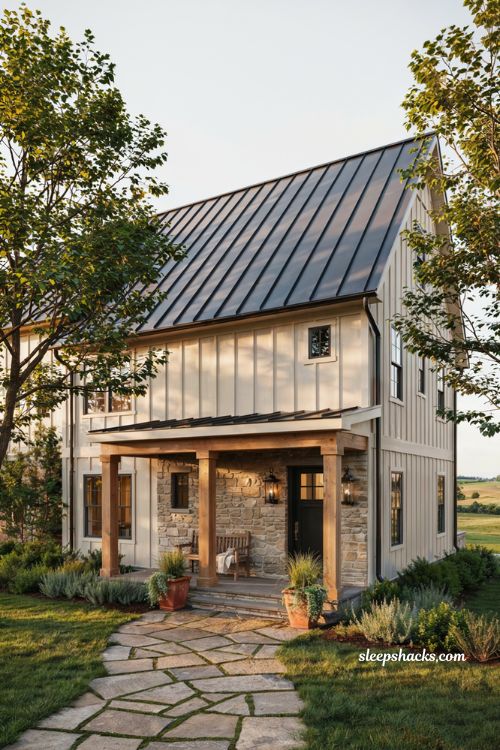 Farmhouse exterior ideas with metal roof and rustic modern design