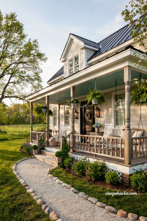 Farmhouse exterior ideas with wraparound porch and cozy country charm