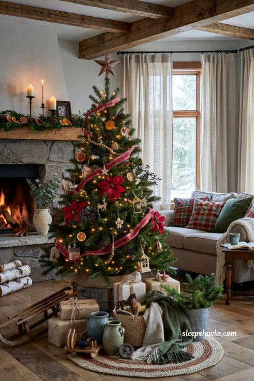 Farmhouse rustic red and wood Christmas tree with cozy country holiday decor ideas