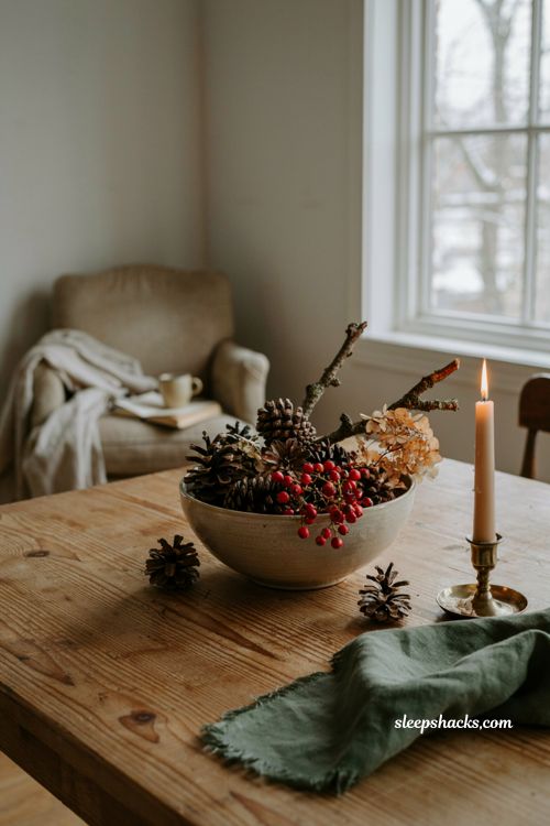 Foraged winter centerpiece ideas hygge Christmas dining table decor pinecones branches berries dried flowers