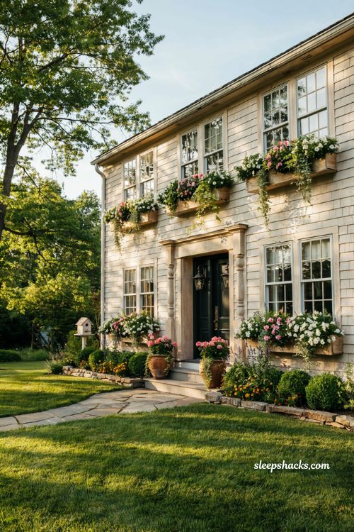 Front lawn landscaping ideas with colorful window boxes and cascading flowers