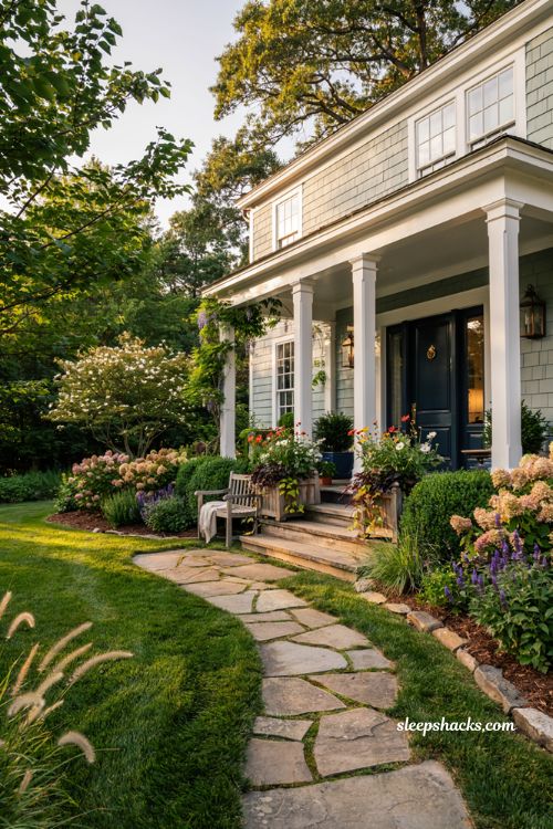 Front lawn landscaping ideas with curved stone pathway and lush garden borders