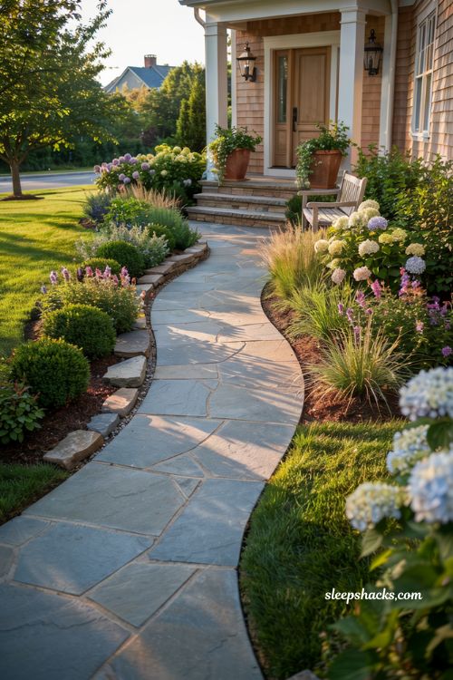 Front lawn landscaping ideas with gently curved bluestone walkway and flower borders