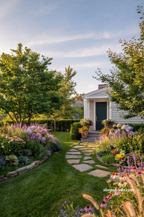 Front lawn landscaping ideas with layered annuals and perennials for season long color