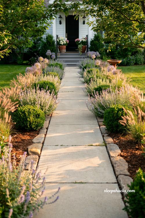 Front lawn landscaping ideas with low growing flowering plants along walkway