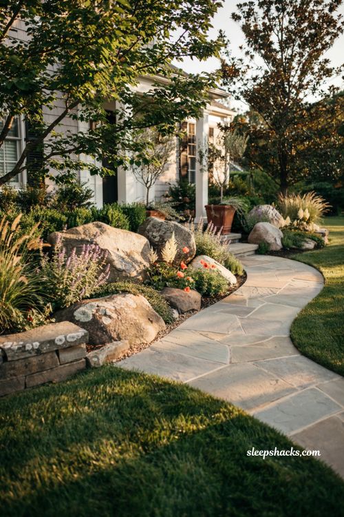 Front lawn landscaping ideas with natural boulders and rock defined planting beds