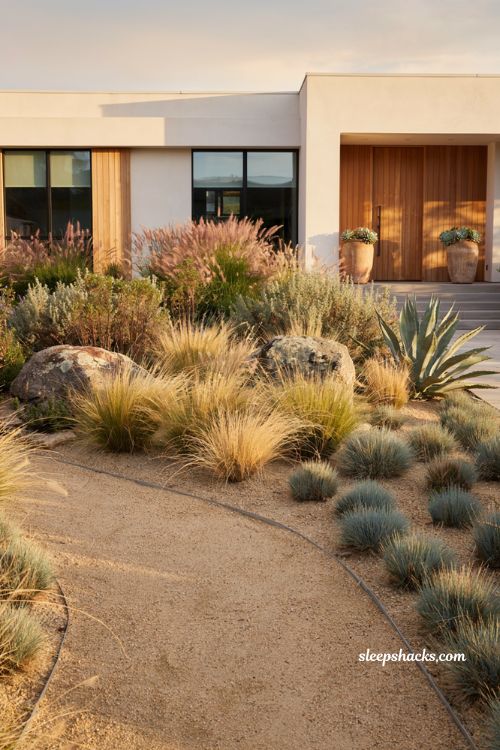 Front lawn landscaping ideas with ornamental grasses and gravel for dry climates