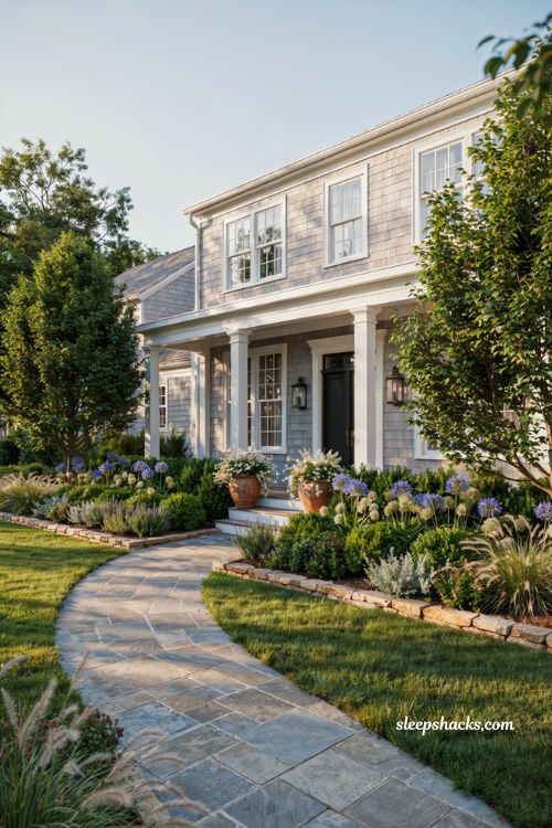 Front lawn landscaping ideas with plants matched to gray house exterior colors