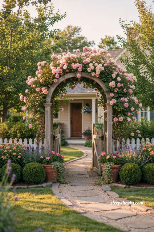Front lawn landscaping ideas with rose covered arbor and stone garden pathway