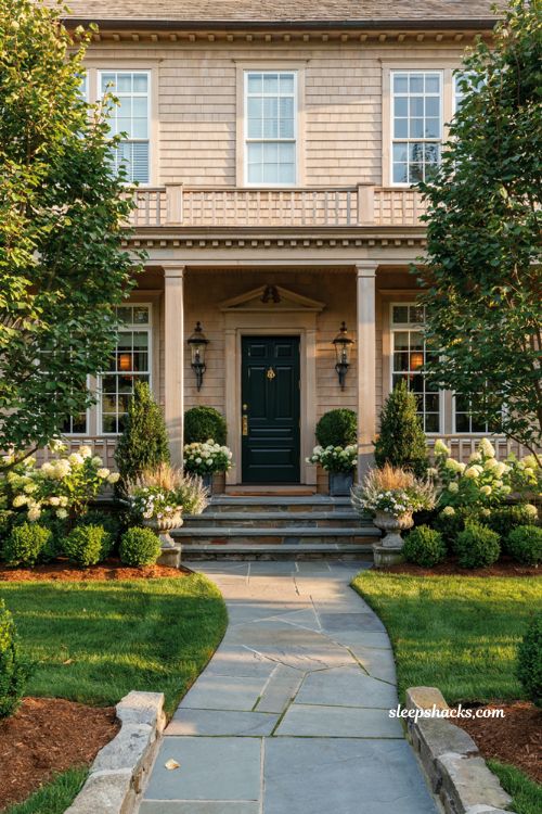 Front lawn landscaping ideas with symmetrical foundation shrubs and classic front entry