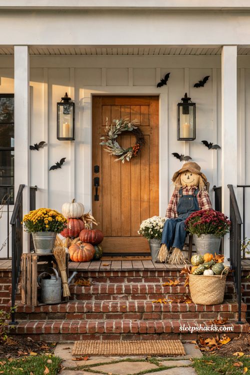 Front porch fall decorating ideas mixing autumn and Halloween decor