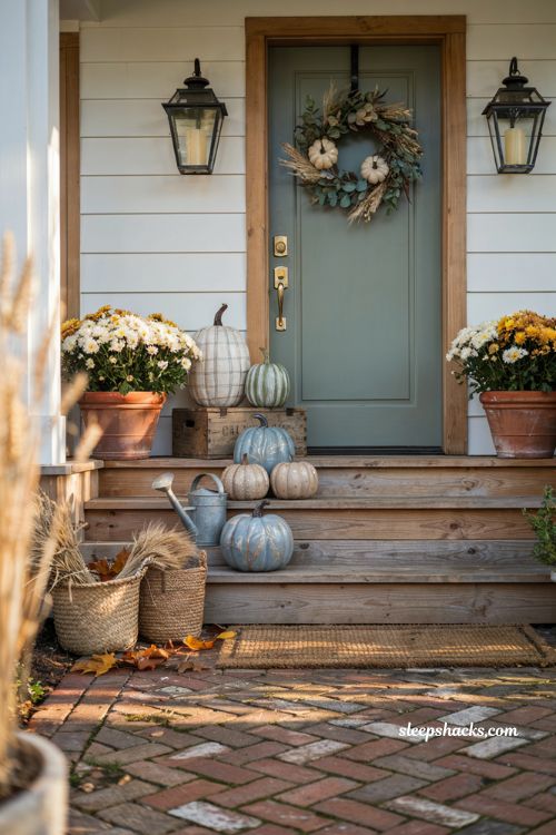 Front porch fall decorating ideas with beautifully painted pumpkins and autumn mums