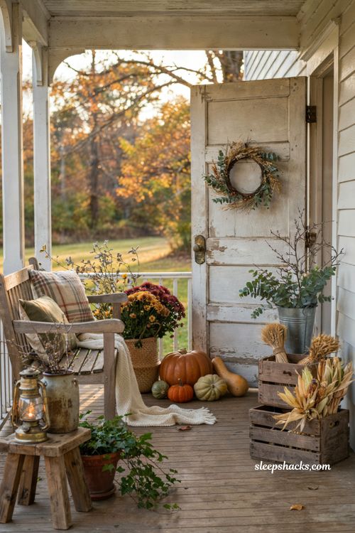 Front porch fall decorating ideas with cozy farmhouse pumpkins lanterns and natural autumn styling