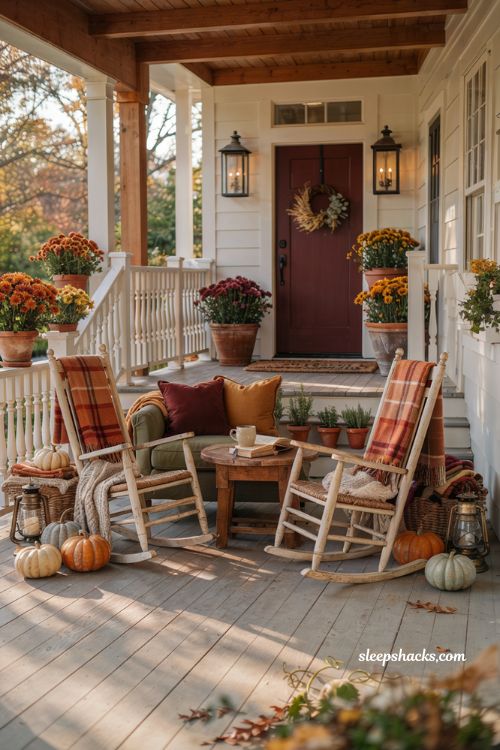 Front porch fall decorating ideas with cozy seating arrangement and autumn accents