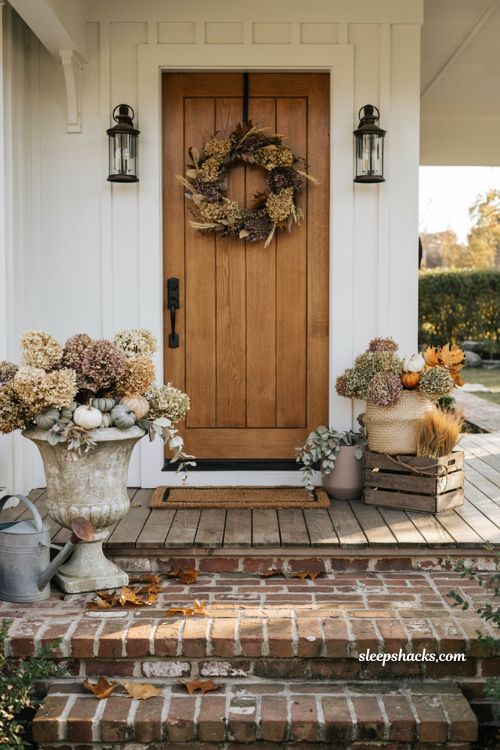 Front porch fall decorating ideas with dried hydrangeas pumpkins and autumn wreath