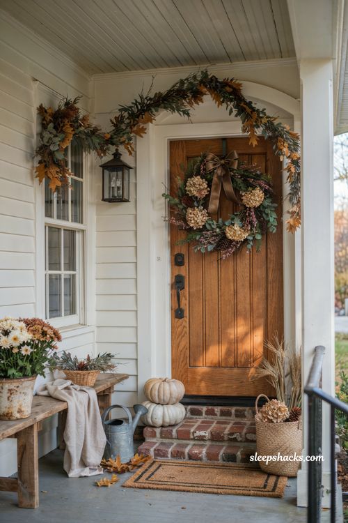 Front porch fall decorating ideas with layered autumn wreath and matching garland