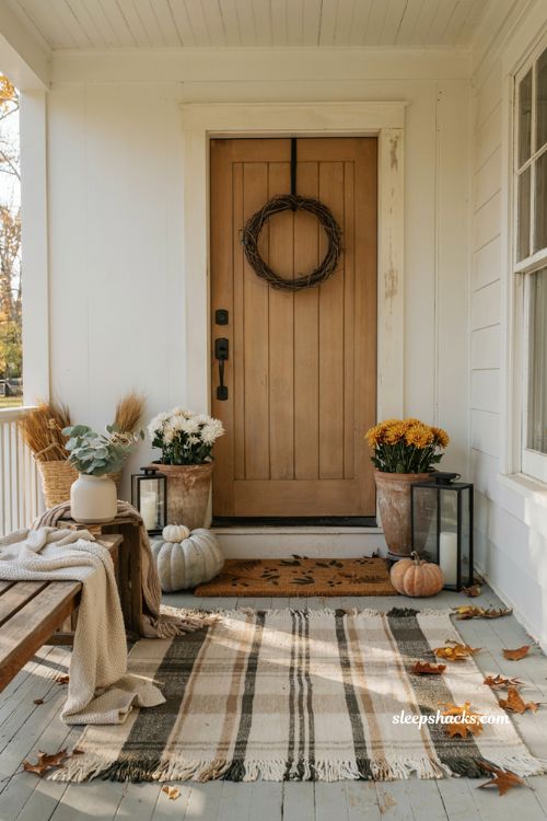 Front porch fall decorating ideas with layered doormats and cozy autumn texture