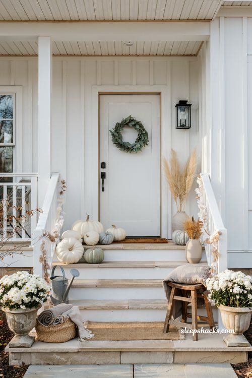 Front porch fall decorating ideas with neutral pastel pumpkins and white mums