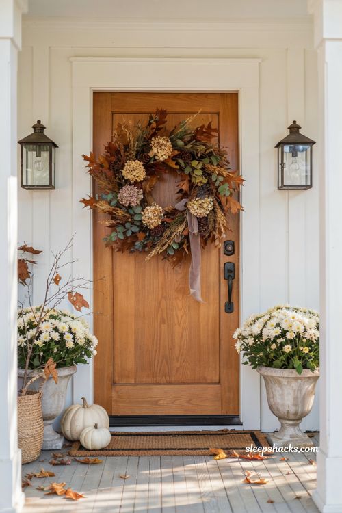 Front porch fall decorating ideas with one oversized autumn statement wreath
