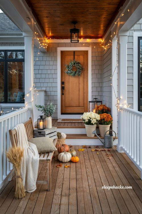Front porch fall decorating ideas with warm string lights for cozy autumn evenings