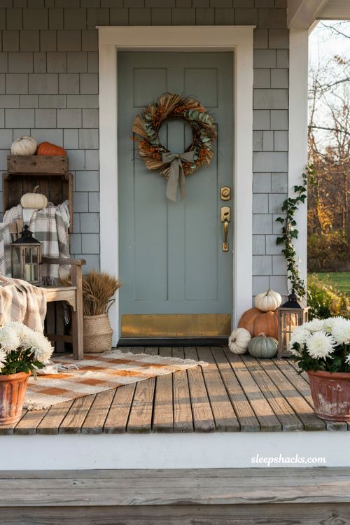 Front porch pumpkins display ideas with a cohesive autumn color palette