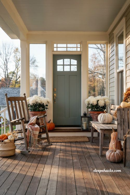 Front porch pumpkins display ideas with a cozy rocking chair and plaid throw
