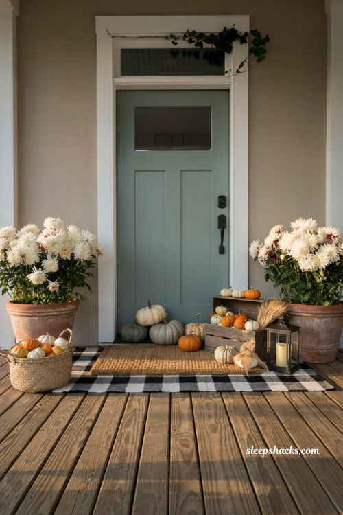 Front porch pumpkins display ideas with a layered buffalo check rug and autumn decor