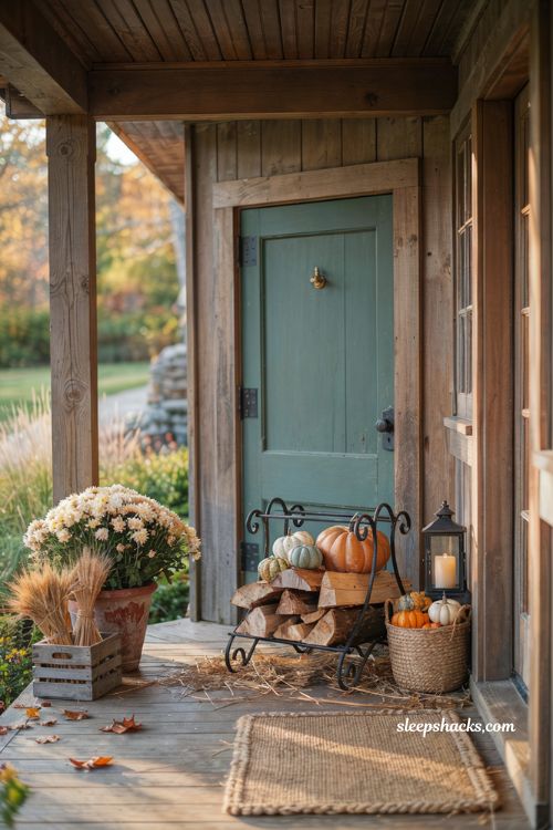 Front porch pumpkins display ideas with a rustic firewood log holder and pumpkins