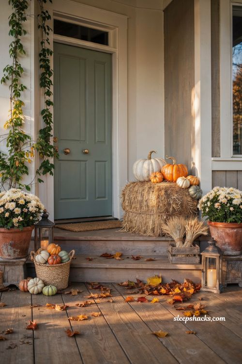 Front porch pumpkins display ideas with a rustic hay bale centerpiece