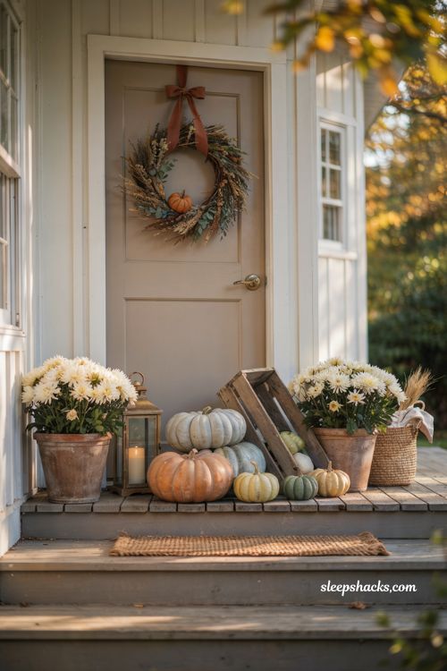 Front porch pumpkins display ideas with a seasonal wreath and layered autumn entry