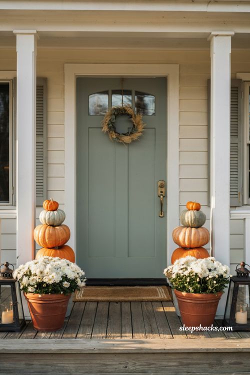 Front porch pumpkins display ideas with matching pumpkin stacks framing the front door