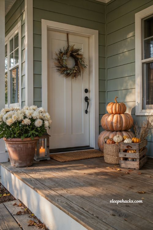 Front porch pumpkins display ideas with stacked flat heirloom pumpkins by the door