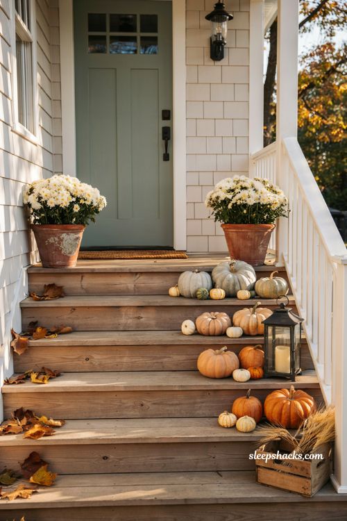 Front porch pumpkins display ideas with staggered pumpkins along the front steps