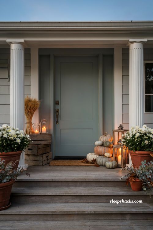 Front porch pumpkins display ideas with warm candlelight for cozy autumn evenings