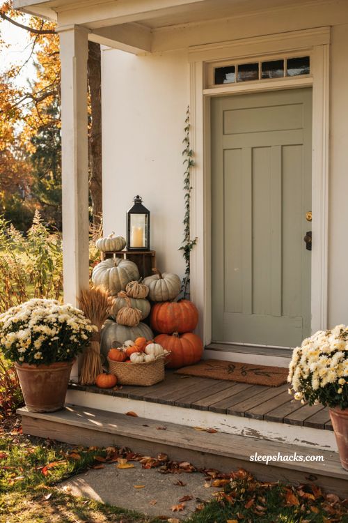 Front porch pumpkins display ideas with woven corn husk pumpkin accents