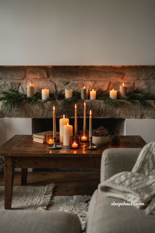 Generous candle arrangement for cozy hygge Christmas living room decor