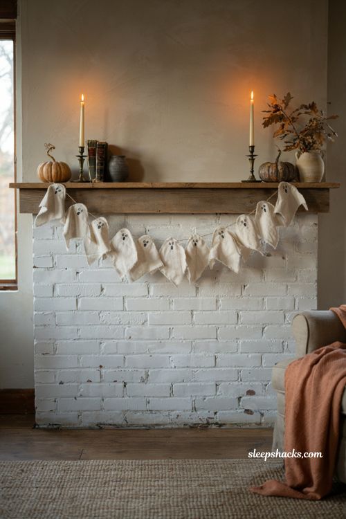 Ghost garland mantel decor with cosy halloween fireplace styling ideas