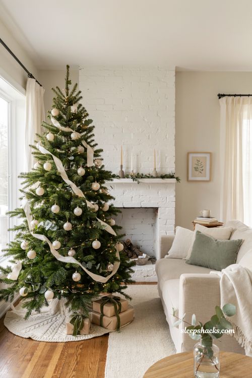Green and cream Christmas living room decor idea with eucalyptus accents ivory ornaments and neutral styling