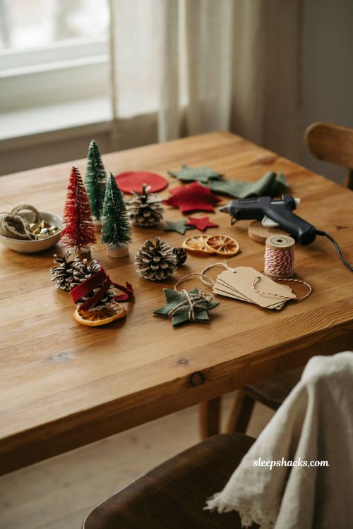 Handmade Christmas gifts and easy DIY craft ideas making pinecone ornaments at kitchen table
