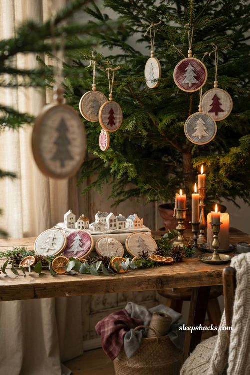Handmade embroidery hoop christmas ornaments with recycled fabric and rustic farmhouse holiday decor