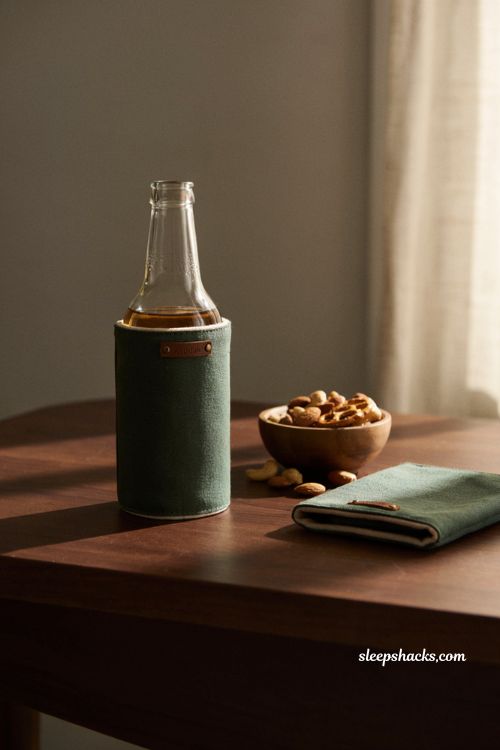 Handmade sewn drink cozy with leather accent practical Christmas gift for boyfriend
