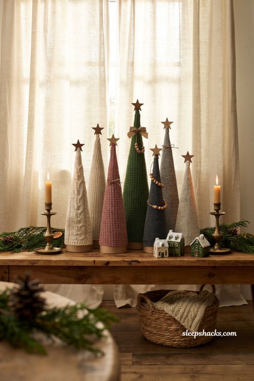 Handmade sweater fabric mini christmas trees with rustic farmhouse upcycled holiday decor
