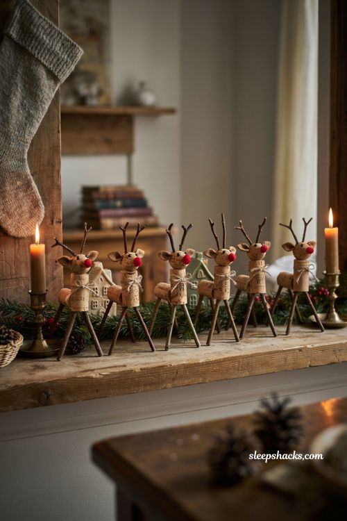Handmade wine cork and twig reindeer with rustic recycled christmas decor
