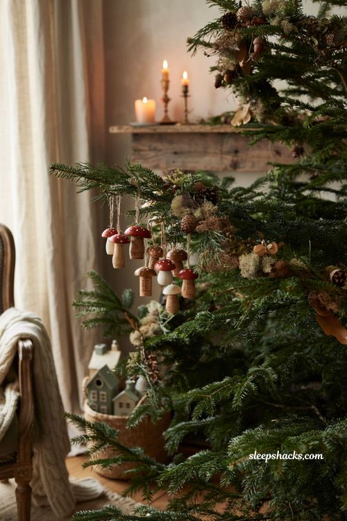 Handmade wine cork mushroom christmas ornaments with rustic woodland holiday decor